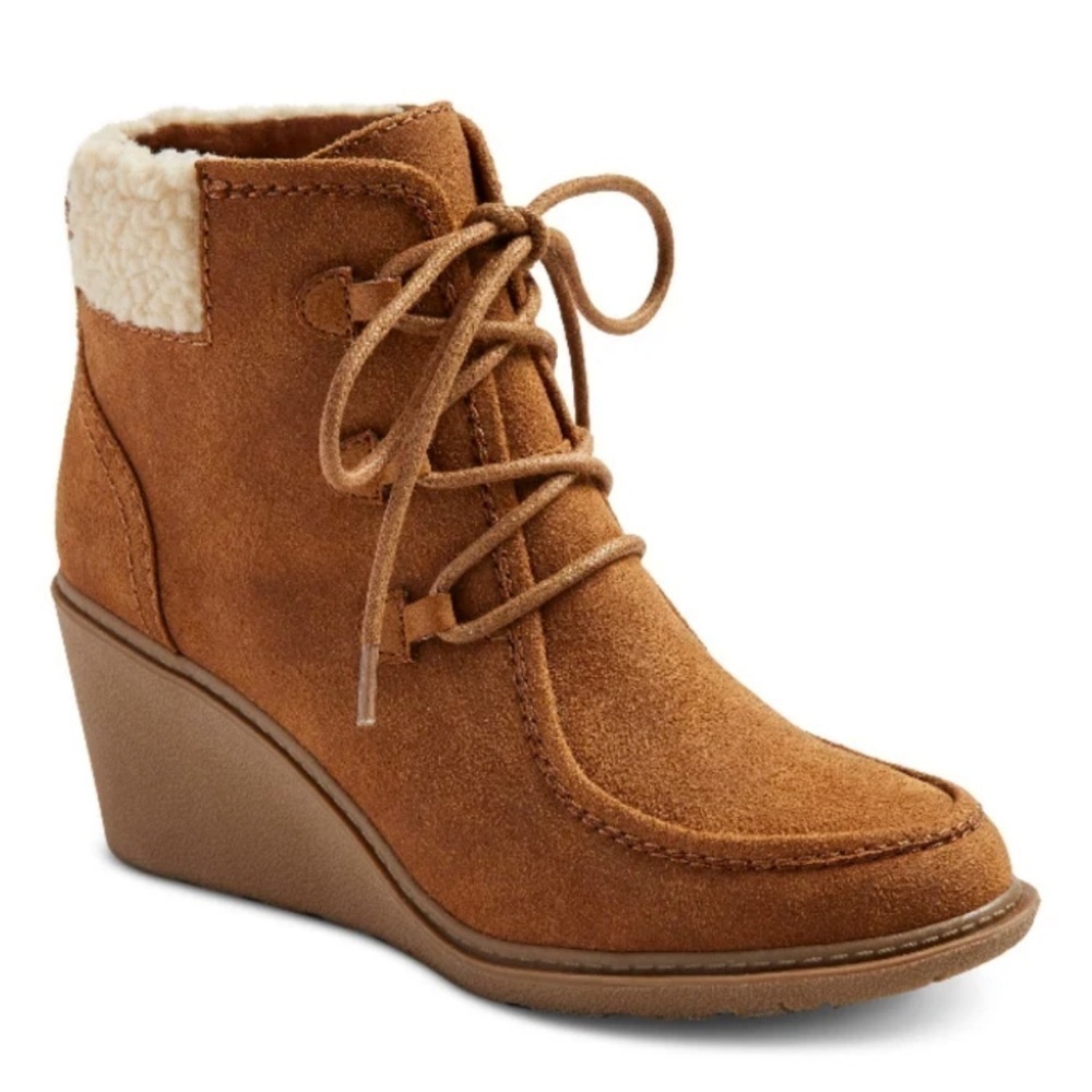 Mad Love Kensie Cognac Faux Suede Lace-up Wedge Ankle Boot Booties women’s 9.5M